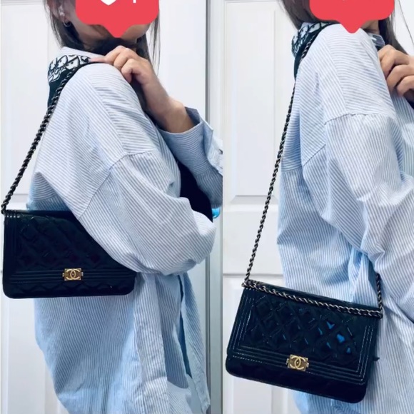 ❌SOLD❌Authentic Chanel Classic Black patent leather Leboy Wallet on Chain in RHW - Picture 8 of 17